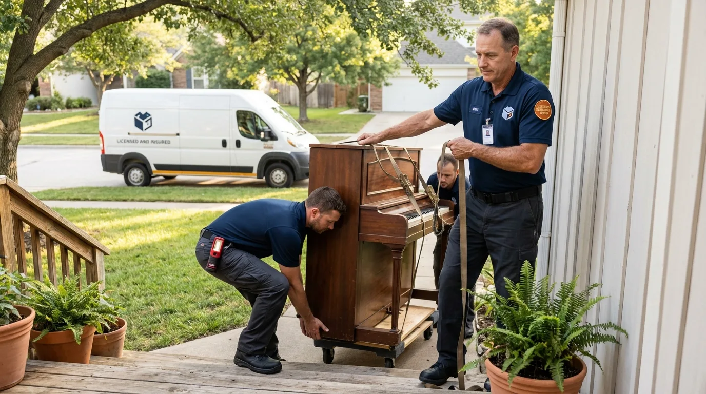 Licensed piano movers securing grand piano in Wilton, ME