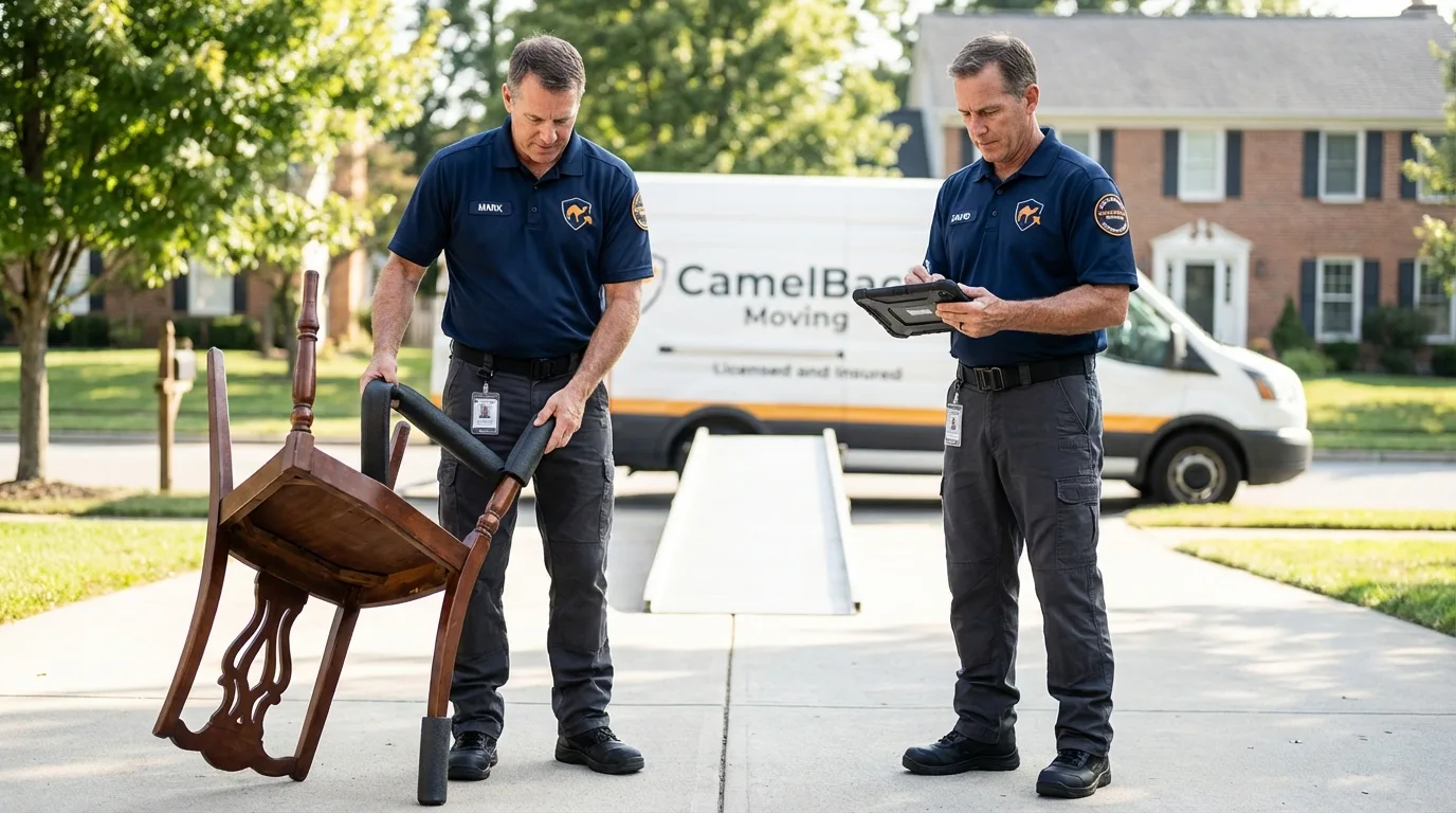 Movers inspecting furniture for damage prevention before loading in Wilton, ME