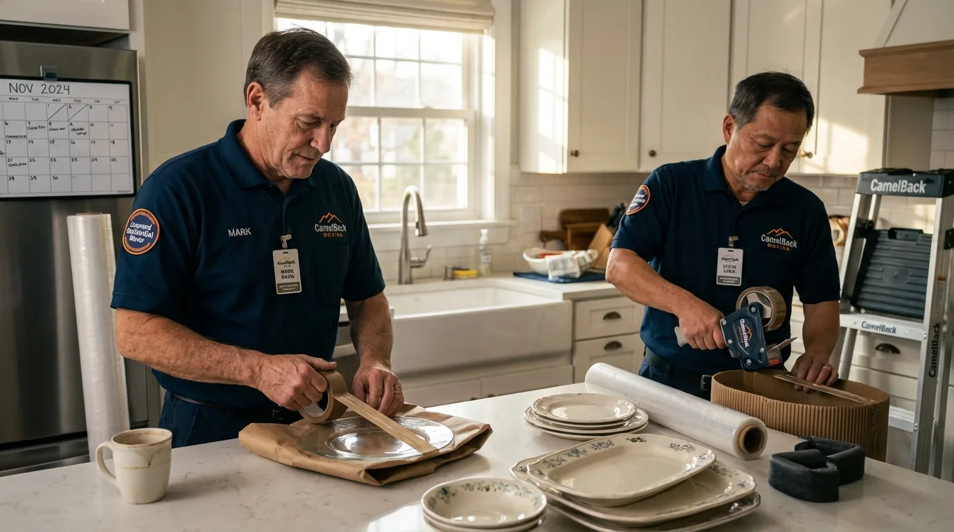 Professional crew packing kitchen dishware in Wilton, ME